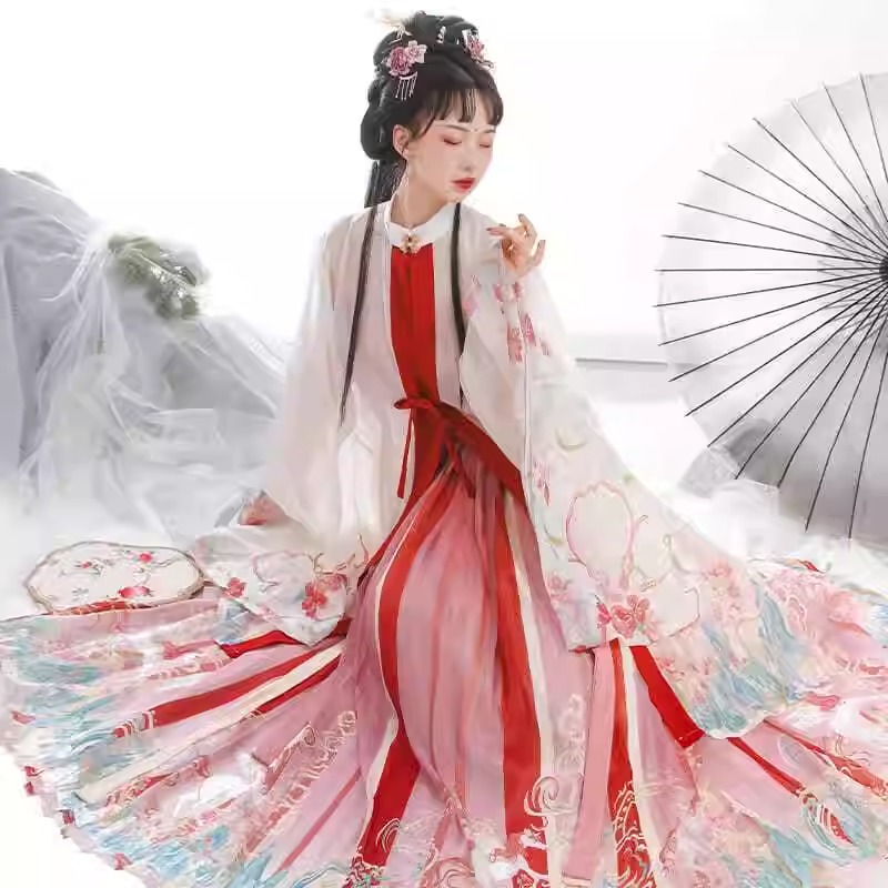 出租汉服夏季女学生九州明制对襟长衫百褶裙渐变超仙非古装汉元素