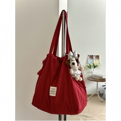 通勤慵懒风红色单肩帆布托特包