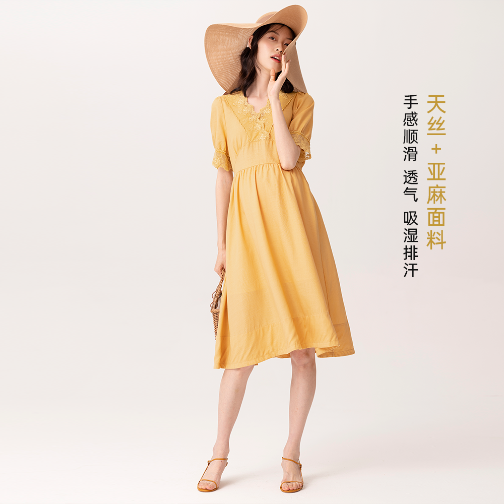 BELLYWEAR孕妇夏装淡黄色蕾丝v领系带连衣裙子夏季潮流简约风
