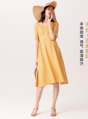BELLYWEAR孕妇夏装淡黄色蕾丝v领系带连衣裙子夏季潮流简约风