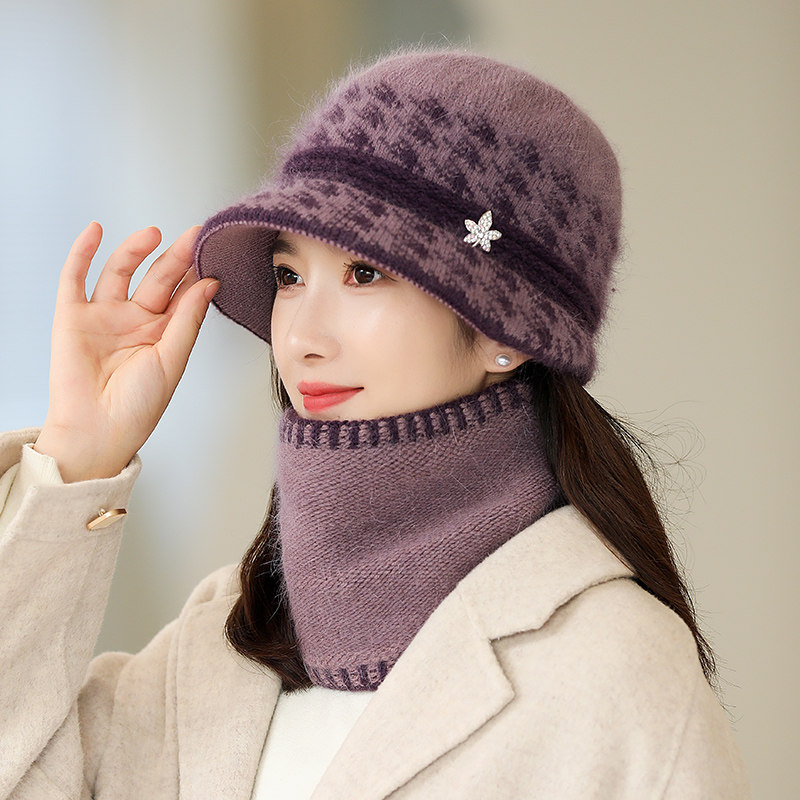 妈妈帽子围脖女两件套秋冬季中老年人奶奶保暖防寒针织洋气毛线帽