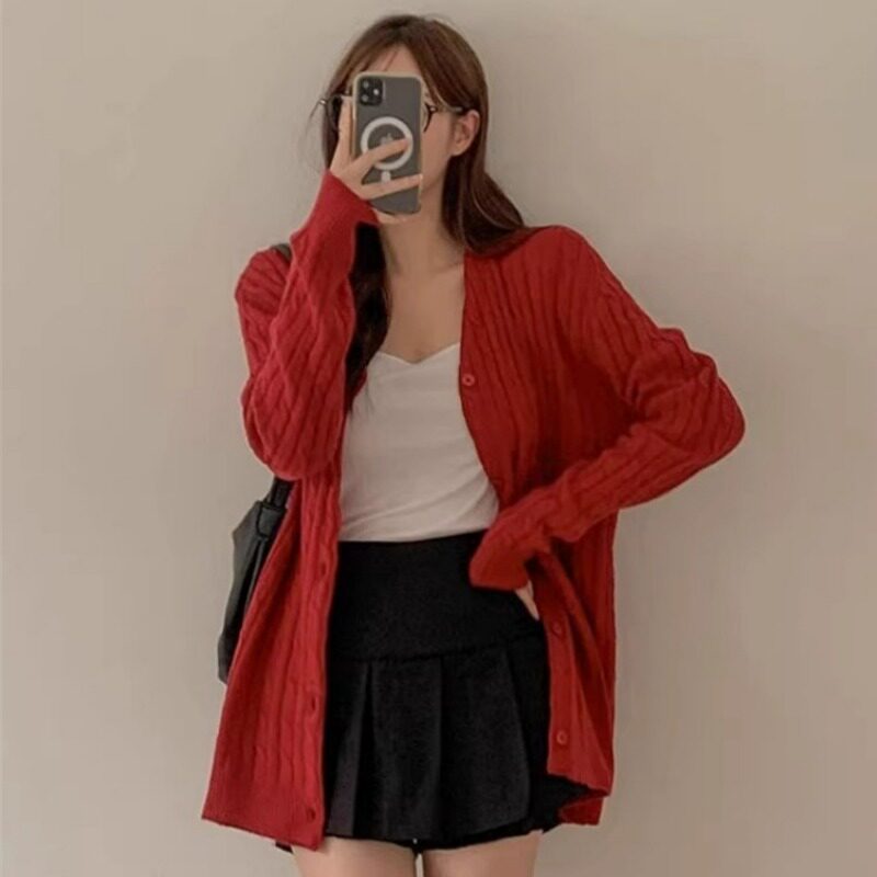 韩国东大门2025秋冬新款百搭宽松型中长款麻花针织开衫女长袖外套