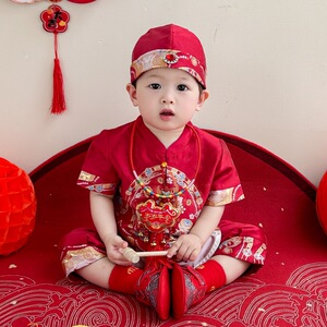 夏季新品男宝抓周礼服喜庆中国风红色宝宝麒麟套装百天生日宴礼服
