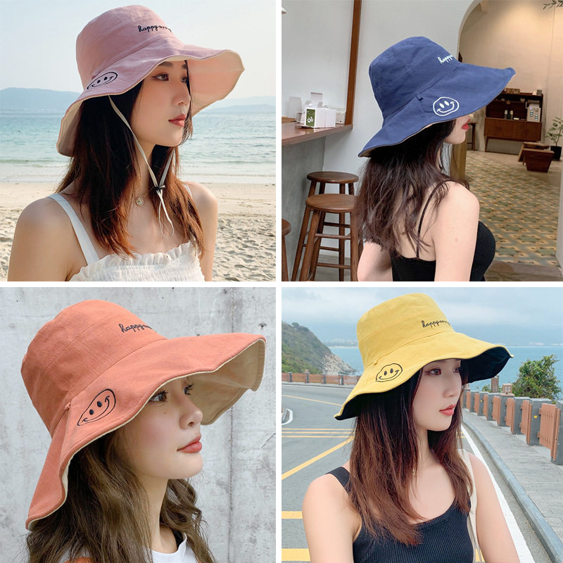 渔夫帽女日系双面佩戴大檐遮阳帽子女韩版潮休闲网红笑脸太阳帽夏