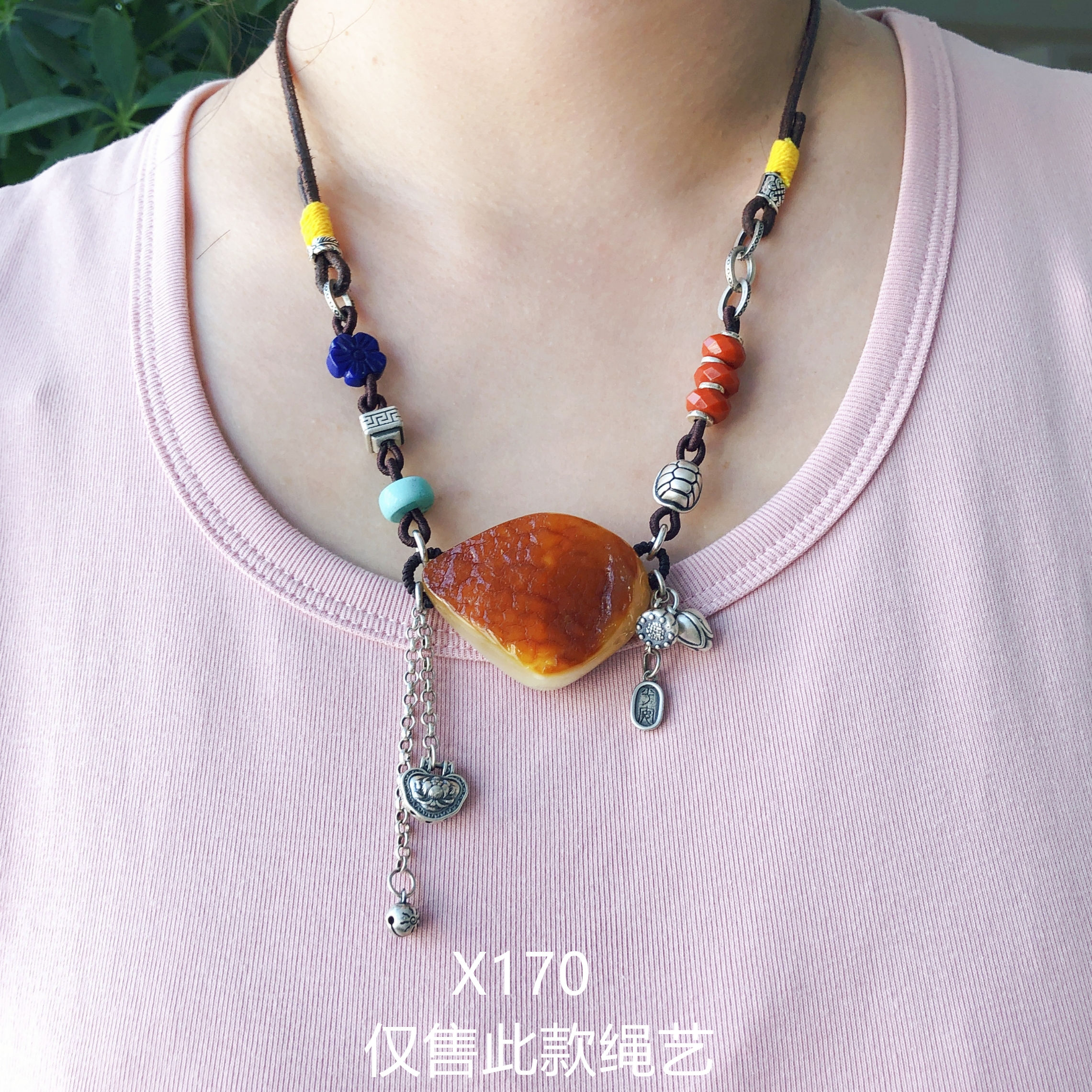二姐家珠宝定制天然琥珀蜜蜡原矿原石手工精编项链女士简约时尚银