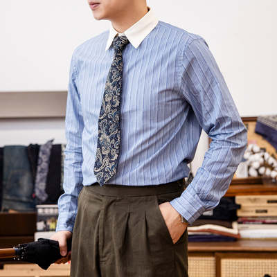 红风 复古条纹衬衫薄款ivy风60s商务正装异色领绅装衬衣 复刻双RL