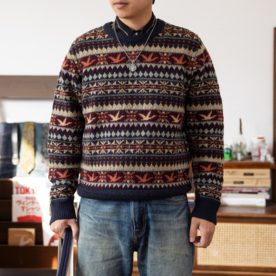 红风 费尔岛毛衣男圆领宽松纯羊毛针织衫北欧英式复古秋冬羊绒衫