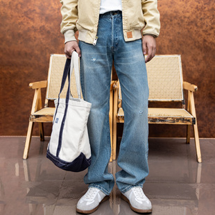 红风 晨光蓝水洗牛王 美式复古宽松直筒洗水牛仔裤