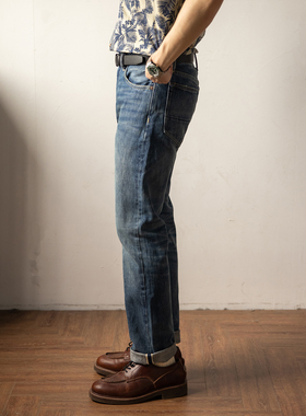 红风 修身直筒牛仔裤男重磅洗水511裤型阿美咔叽赤耳丹宁原牛长裤