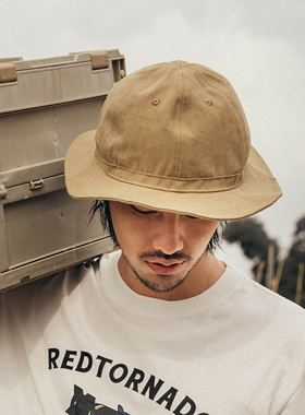 红风 渔夫帽男布帽复古风帽子户外钓鱼出游骑车遮阳帽女黑色盆帽