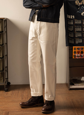 红风 复古工装裤高腰直筒长裤OG107鱼骨纹美式海军白色长裤甲板裤