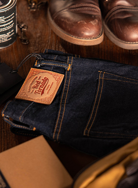 红风 03D10原牛赤耳丹宁阿美咔叽12OZ男夏季款中腰修身直筒牛仔裤