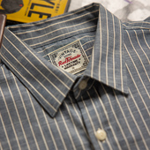 短袖 竖条纹衬衣阿美咔叽vintage复古工装 外套夏款 红风 纯棉衬衫 男