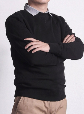 红风 复古抓绒套头圆领卫衣男秋冬加厚宽重磅松纯黑色上衣