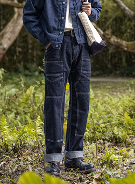 红风复古井下三本针牛仔裤阿美咔叽中高腰宽松直筒原牛丹宁工装裤