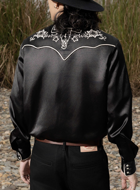 红风 1950s长角牛西部音乐家衬衫 长袖复古花卉刺绣黑色西部衬衣