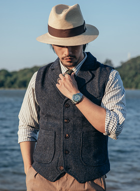 红风美式复古毛呢马甲重磅粗花呢羊毛tweed人字纹阿美咔叽背心 男