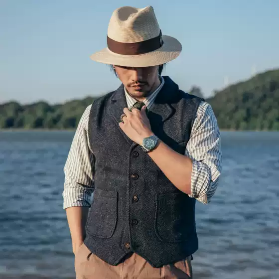 Red Wind American Retro Woolen Vest Heavy Tweed Wool Herringbone Pattern Amekaji Vest for Men