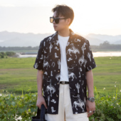 复古提花夏威夷衬衫 红风 古巴领宽松花衬衣aloha 衬衫 美式 男士 短袖