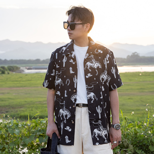 红风 男士短袖衬衫美式复古提花夏威夷衬衫古巴领宽松花衬衣aloha