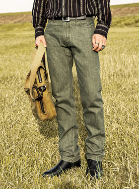 红风 修身直筒牛仔裤阿美咔叽511赤耳丹宁绿色牛仔裤美式工装裤