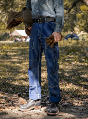 红风井下工装裤WABASH拔染蓝色条纹修身直筒长裤复刻freewheelers