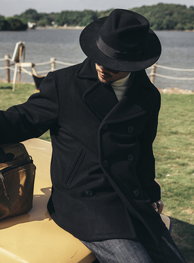 红风 740海军羊毛呢外套pea coat中长款双排扣宽松复古双面呢大衣