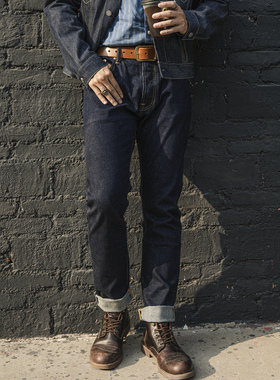 红风 12oz赤耳丹宁原牛夏季窄脚美式复古牛仔裤男小脚裤修身长裤