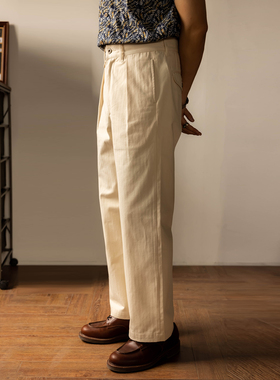红风 高腰宽松直筒阔腿裤复古白色港督制服长裤HBT面料单褶工装裤