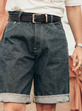 红风牛仔裤夏阿美咔叽原牛赤耳丹宁五分裤宽松直筒雪花点牛仔短裤