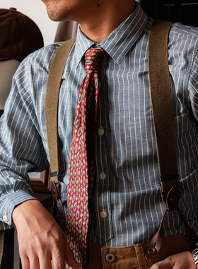 红风 长袖竖条纹衬衣阿美咔叽vintage复古工装纯棉条纹衬衫男