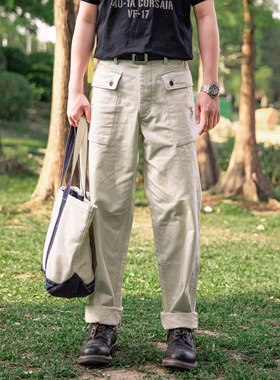 红风 P44伞兵裤男宽松直筒阔腿长裤美式复古工装裤HBT白色休闲裤