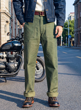 红风15OZ重磅OG107军裤宽松直筒加厚美式复古工装裤休闲裤军绿色