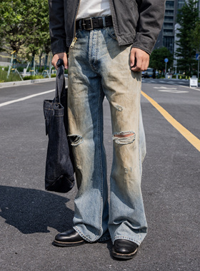 红风泥染系列 洗水破洞牛仔裤宽松做旧褪色脏脏裤喇叭裤 AC2021版