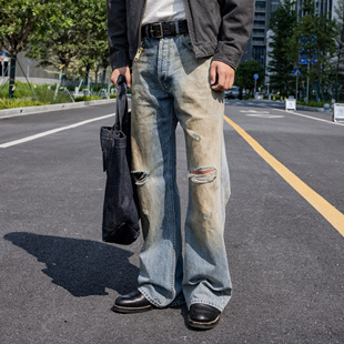 AC2021版 红风泥染系列 喇叭裤 宽松做旧褪色脏脏裤 洗水破洞牛仔裤