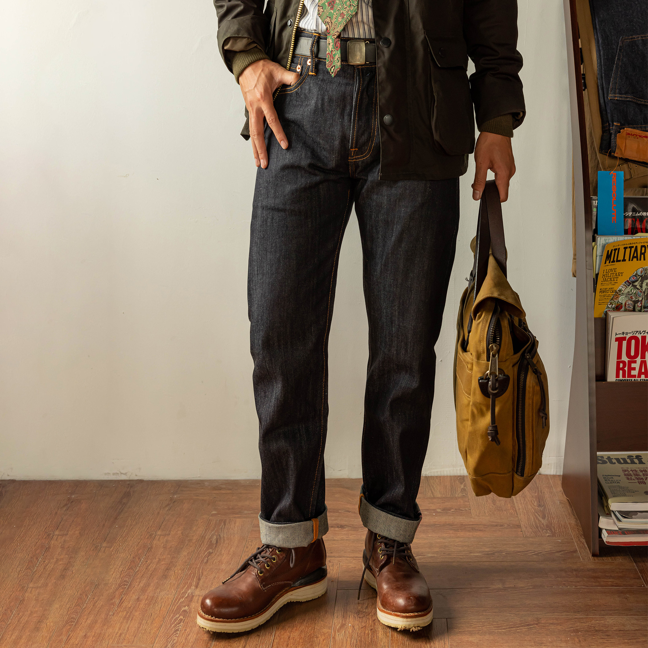 红风 511牛仔裤男夏季修身直筒长裤桃太郎原色赤耳丹宁牛仔裤养牛