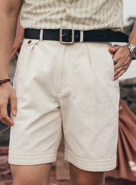 红风 复古工装港督短裤宽松夏季纯棉鱼骨纹休闲裤战地白色五分裤