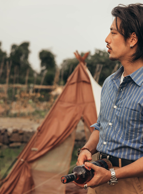 红风 复古衬衣阿美咔叽vintage工装纯棉提花条纹长袖衬衫男