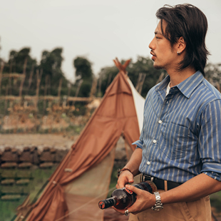 衬衫 纯棉提花条纹长袖 男 复古衬衣阿美咔叽vintage工装 红风