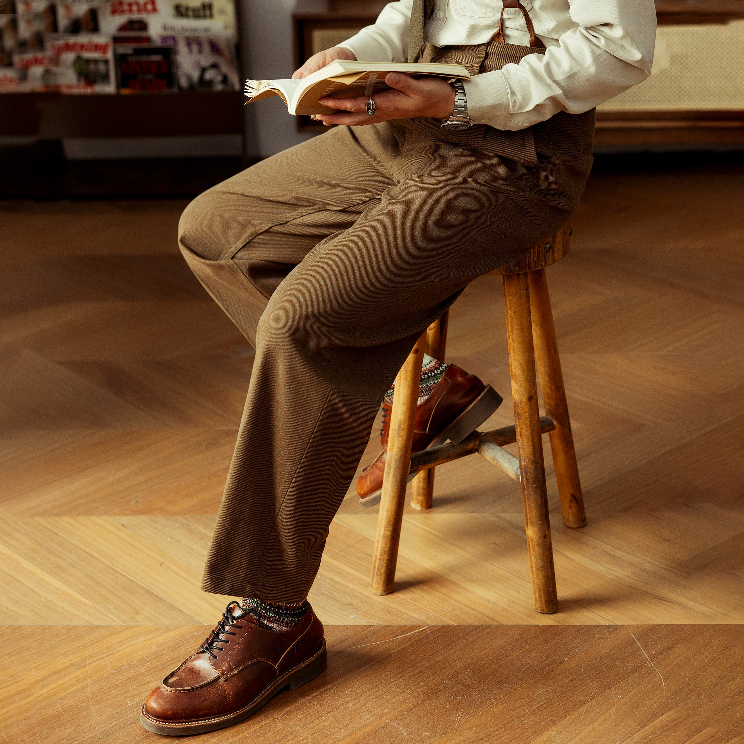 红风法式中高腰宽松微锥裤型巴黎扣工装重磅纯棉双色斜纹休闲长裤,男装,休闲裤,淘宝优惠券,粉丝福利购,淘宝优惠卷