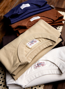 红风 美式复古重磅T恤男士阿美咔叽纯棉纯色夏正肩小领口短袖T恤