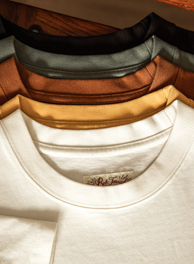 红风 重磅t恤男300g美式复古阿美咔叽白色圆领短袖情侣纯棉体恤夏