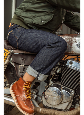 红风赤耳丹宁复古原牛高腰宽松阔腿牛仔裤男阿美咔叽直筒牛仔长裤