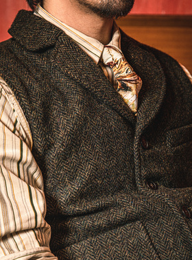 红风 美式复古毛呢马甲重磅粗花呢羊毛翻领人字纹阿美咔叽背心