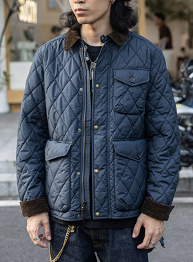 红风 经典款蓝色菱格绗缝棉衣男款秋冬复古英伦猎装夹克棉袄外套