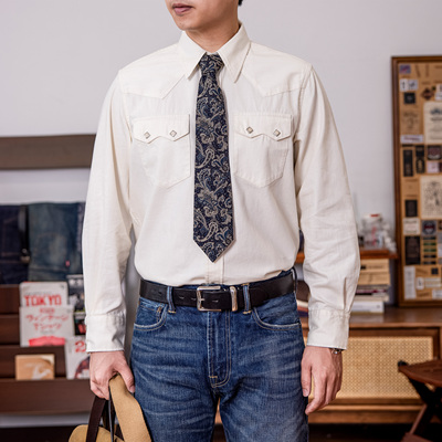 红风 复古西部衬衫男开春美式尖领爪扣白色工装长袖衬衣 复刻双RL