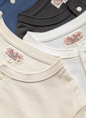 红风 复古纯色长袖亨利领T恤男开春圆领宽松重磅纯棉情侣打底衫