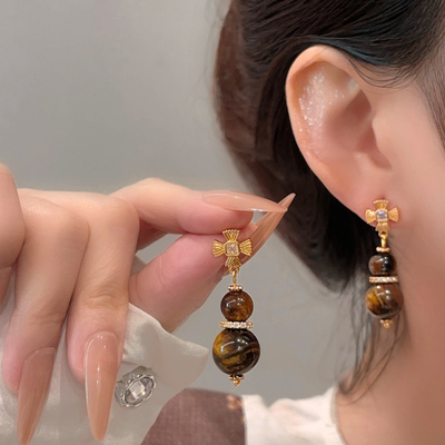 港风复古焦糖虎眼石葫芦耳环