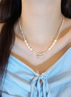碎银子蝴蝶结珍珠项链女款