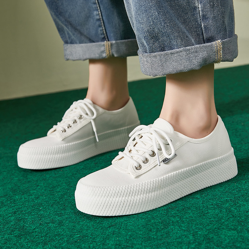 人本厚底帆布鞋女2025春季新款韩版百搭透气小白鞋女鞋松糕底板鞋